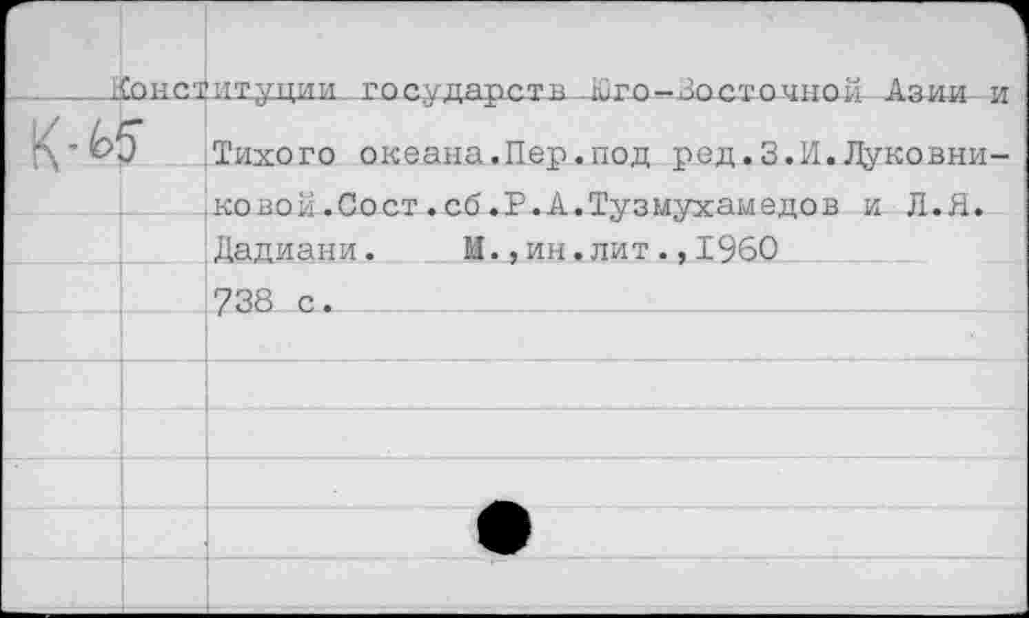 ﻿Тихого океана.Пер.под ред.3.И.Луковниковой.Сост.сб.Р. А.Тузмухамедов и Л.Я.
Дадиани. И.,ин. лит., 1960
738 с.